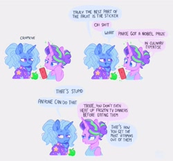 Size: 4096x3811 | Tagged: safe, artist:pastacrylic, imported from derpibooru, starlight glimmer, trixie, pony, unicorn, apple, cellphone, chest fluff, clothes, comic, dialogue, food, hoodie, phone, shirt