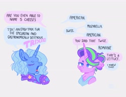 Size: 4096x3186 | Tagged: safe, artist:pastacrylic, imported from derpibooru, starlight glimmer, trixie, pony, unicorn, chest fluff, clothes, dialogue, hoodie, shirt