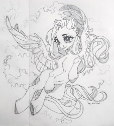 Size: 1160x1280 | Tagged: safe, artist:eiirine, imported from derpibooru, fluttershy, pegasus, pony, female, grayscale, grin, mare, monochrome, pencil drawing, smiling, solo, spread wings, traditional art, wings, wip