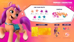 Size: 3520x1980 | Tagged: safe, imported from derpibooru, sunny starscout, earth pony, pony, bag, behind the scenes, color palette, cutie mark, female, g5, mare, multicolored hair, my little pony 2022 | core brand asset toolkit, official, open mouth, rainbow hair, raised hoof, raised leg, reference sheet, saddle bag, slim, solo, thin