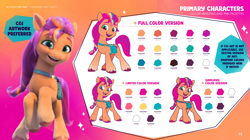 Size: 3536x1980 | Tagged: safe, imported from derpibooru, sunny starscout, earth pony, pony, behind the scenes, color palette, female, g5, mare, multicolored hair, my little pony 2022 | core brand asset toolkit, official, open mouth, open smile, rainbow hair, rearing, reference sheet, smiling, solo, style comparison, unshorn fetlocks