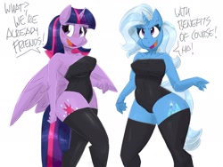 Size: 2048x1536 | Tagged: safe, artist:flutterthrash, imported from derpibooru, trixie, twilight sparkle, alicorn, anthro, unicorn, breasts, busty trixie, busty twilight sparkle, clothes, dialogue, digital art, duo, duo female, female, friends with benefits, horn, leotard, lesbian, open mouth, shipping, simple background, stockings, tail, talking, text, thigh highs, thighs, twilight sparkle (alicorn), twixie, white background, wide hips