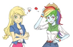 Size: 1688x1080 | Tagged: safe, artist:rbap, imported from derpibooru, applejack, rainbow dash, human, equestria girls, accessory swap, appledash, clothes, clothes swap, duo, duo female, eyebrows, eyebrows visible through hair, female, hand on hip, lesbian, looking at you, open mouth, open smile, rolled up sleeves, shipping, short sleeves, simple background, slim, smiling, smiling at you, smirk, thin, white background, wristband