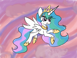Size: 1024x768 | Tagged: safe, artist:tinytayla, imported from derpibooru, princess celestia, alicorn, pony, cloud, concave belly, crown, cute, cutelestia, ethereal mane, ethereal tail, eye clipping through hair, flying, hoof shoes, horn, jewelry, long horn, long mane, long tail, peytral, princess shoes, regalia, signature, sky, solo, spread wings, sunset, tail, wings