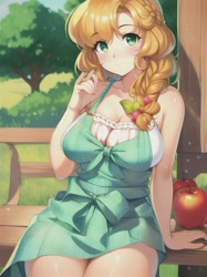 Size: 512x683 | Tagged: safe, editor:sammykun, imported from derpibooru, pear butter, human, ai assisted, ai content, anime style, apple, apron, bench, big breasts, bow, braid, breasts, busty pear butter, clothes, cute, female, food, generator:novelai, generator:stable diffusion, grass, grass field, hair bow, humanized, milf, mommy, outdoors, pearabetes, sitting, solo, thighs, tree