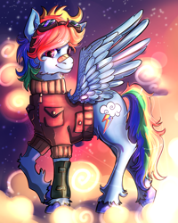 Size: 2388x2992 | Tagged: safe, artist:twiddletwum, imported from derpibooru, rainbow dash, pegasus, pony, bandaid, bandaid on nose, cheek fluff, clothes, female, goggles, goggles on head, high res, jacket, mare, smiling, solo, spread wings, sunset, unshorn fetlocks, wings