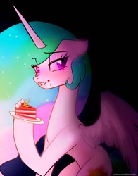 Size: 1074x1368 | Tagged: safe, artist:petaltwinkle, imported from derpibooru, princess celestia, alicorn, pony, blushing, cake, cake slice, cakelestia, concave belly, dark, eating, ethereal mane, eye clipping through hair, eyebrows, eyebrows visible through hair, female, food, herbivore, long mane, looking at you, mare, messy eating, partially open wings, slim, solo, thin, wings