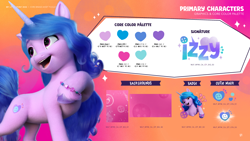 Size: 3520x1980 | Tagged: safe, imported from derpibooru, izzy moonbow, pony, unicorn, behind the scenes, color palette, female, g5, hoof on chest, mare, my little pony 2022 | core brand asset toolkit, official, reference sheet, solo