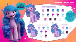 Size: 3536x1980 | Tagged: safe, imported from derpibooru, izzy moonbow, pony, unicorn, behind the scenes, color palette, female, g5, long mane, long tail, looking at you, mare, my little pony 2022 | core brand asset toolkit, official, open mouth, reference sheet, solo, style comparison, tail