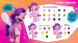 Size: 3536x1980 | Tagged: safe, imported from derpibooru, pipp petals, pegasus, pony, 3d, behind the scenes, color palette, female, g5, hoof fluff, looking at you, mare, my little pony 2022 | core brand asset toolkit, official, raised hoof, reference sheet, style comparison, unshorn fetlocks, yellow-eyed pipp