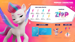 Size: 3520x1980 | Tagged: safe, imported from derpibooru, zipp storm, pegasus, pony, behind the scenes, color palette, cutie mark, female, g5, looking at you, mare, my little pony 2022 | core brand asset toolkit, official, reference sheet, slim, solo, spread wings, thin, three quarter view, wings
