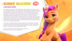 Size: 3520x1980 | Tagged: safe, imported from derpibooru, sunny starscout, alicorn, earth pony, pony, 3d, artificial horn, artificial wings, augmented, behind the scenes, bio, female, g5, horn, long mane, looking at you, magic, magic horn, magic wings, mare, multicolored hair, my little pony 2022 | core brand asset toolkit, official, race swap, rainbow hair, solo, sunnycorn, text, wings