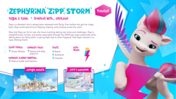 Size: 3520x1980 | Tagged: safe, imported from derpibooru, zipp storm, pegasus, pony, bedroom, behind the scenes, bio, colored wings, concave belly, cutie mark, female, g5, high res, looking at you, mare, multicolored wings, my little pony 2022 | core brand asset toolkit, official, reference sheet, solo, spread wings, text, wings, zephyr heights
