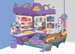 Size: 1571x1140 | Tagged: safe, imported from derpibooru, izzy moonbow, basket, behind the scenes, craft, fabric, fabric roll, fishbowl, g5, indoors, liminal space, my little pony 2022 | core brand asset toolkit, no pony, official, paintbrush, rope, rug, scissors, signature, wood, yarn, yarn ball