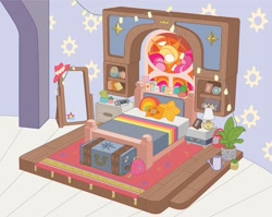 Size: 1453x1155 | Tagged: safe, imported from derpibooru, sunny starscout, alarm clock, bag, bed, bedroom, behind the scenes, clock, g5, hat, indoors, lamp, luggage, mirror, my little pony 2022 | core brand asset toolkit, no pony, official, picture frame, pillow, plant, potted plant, rug, stained glass, stained glass window, string lights, suitcase, table lamp, watering can, wood