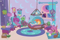 Size: 1544x1030 | Tagged: safe, imported from derpibooru, izzy moonbow, bed, bedroom, behind the scenes, canvas, colored, craft, fishbowl, flat colors, g5, indoors, my little pony 2022 | core brand asset toolkit, no pony, official, painting, pillow, rope, rug, yarn, yarn ball