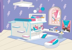 Size: 1563x1089 | Tagged: safe, imported from derpibooru, zipp storm, alarm clock, band, bed, bedroom, behind the scenes, clock, colored, computer, desk lamp, electronics, flat colors, furniture, g5, headphones, lamp, laptop computer, my little pony 2022 | core brand asset toolkit, no pony, official, ottoman (furniture), picture frame, poster, projector, rad-visor, rubik's cube, speaker, stained glass window, stairs