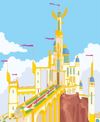 Size: 1062x1286 | Tagged: safe, imported from derpibooru, behind the scenes, castle, cloud, flag, g5, my little pony 2022 | core brand asset toolkit, no pony, official, scenery, sky, zephyr heights