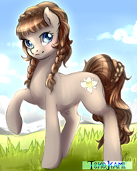 Size: 1200x1500 | Tagged: safe, artist:tokokami, imported from derpibooru, oc, oc only, oc:connie bloom, earth pony, pony, austria, earth pony oc, euro bronycon, female, looking at you, mare, mascot, raised hoof, signature, smiling, smiling at you, solo