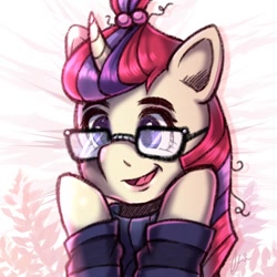 Size: 1024x1024 | Tagged: safe, artist:littlexdemon, imported from derpibooru, moondancer, pony, unicorn, abstract background, bust, clothes, cute, daaaaaaaaaaaw, dancerbetes, female, glasses, happy, hooves on cheeks, mare, open mouth, open smile, smiling, solo, sweater, weapons-grade cute