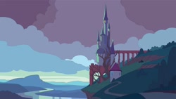 Size: 1566x884 | Tagged: safe, imported from derpibooru, behind the scenes, castle, cloud, g5, lighting, my little pony 2022 | core brand asset toolkit, no pony, official, opaline's dark castle, river, scenery, sky, tree, water