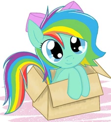 Size: 560x619 | Tagged: safe, artist:nuyadable, color edit, edit, imported from derpibooru, oc, oc only, oc:emeraldbow, pegasus, pony, bow, box, cardboard box, colored, cute, female, filly, foal, hair bow, looking at you, mare, ocbetes, pegasus oc, pony in a box, simple background, smiling, smiling at you, solo, white background