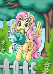 Size: 955x1351 | Tagged: safe, artist:mysticalpha, imported from derpibooru, fluttershy, pegasus, pony, cute, female, fence, flower, flower in hair, mare, mouth hold, shyabetes, solo, tree, trellis, watering can