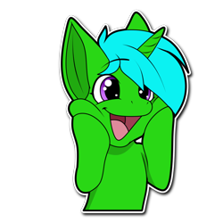 Size: 1024x1024 | Tagged: safe, artist:furrysticker, imported from derpibooru, oc, oc:green byte, pony, unicorn, commission, excited, eye clipping through hair, male, open mouth, simple background, solo, stallion, sticker, transparent background, ych result