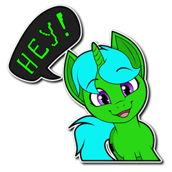 Size: 1024x1024 | Tagged: safe, artist:furrysticker, imported from derpibooru, oc, oc:green byte, pony, unicorn, commission, eye clipping through hair, hey, looking at you, male, open mouth, simple background, solo, speech bubble, stallion, sticker, transparent background, ych result