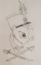 Size: 2012x3189 | Tagged: safe, artist:ceffyl-dŵr, imported from derpibooru, rarity, pony, ancient wonderbolts uniform, clothes, hat, sgt. rarity, solo, sword, traditional art, uniform, weapon