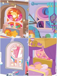 Size: 1500x1999 | Tagged: safe, edit, imported from derpibooru, izzy moonbow, pipp petals, sunny starscout, zipp storm, bedroom, behind the scenes, cropped, crystal brighthouse, g5, lightning, moon, my little pony 2022 | core brand asset toolkit, no pony, stained glass window, stars, sun, window