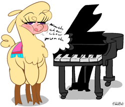 Size: 949x813 | Tagged: safe, artist:malachimoet, imported from derpibooru, alpaca, them's fightin' herds, :p, cloven hooves, community related, derp, eating, false piano, female, musical instrument, paprika (tfh), piano, simple background, solo, tongue out, white background