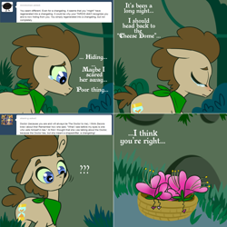 Size: 1302x1302 | Tagged: safe, artist:toadstool-prancer, imported from derpibooru, doctor whooves, time turner, oc, oc:tantamount, pony, crying, disguise, disguised changeling, flower, one ear down, solo, tantamount time turner