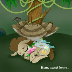 Size: 1000x1000 | Tagged: safe, artist:toadstool-prancer, imported from derpibooru, doctor whooves, time turner, oc, oc:tantamount, pony, crying, disguise, disguised changeling, flower, mushroom, sleeping, solo, tantamount time turner, tree