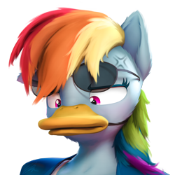 Size: 2000x2000 | Tagged: safe, artist:imafutureguitarhero, imported from derpibooru, rainbow dash, anthro, bird, duck, pegasus, 3d, aviator sunglasses, bust, cheek fluff, chest fluff, clothes, colored eyebrows, colored eyelashes, cross-popping veins, duck bill, ear fluff, emanata, female, floppy ears, fluffy, fluffy hair, fluffy mane, funny, fur, glasses, glasses off, high res, jacket, literal duck face, mare, multicolored hair, multicolored mane, neck fluff, one ear down, paintover, rainbow dash is not amused, rainbow duck, revamped anthros, revamped ponies, simple background, solo, source filmmaker, sunglasses, tanktop, transparent background, unamused