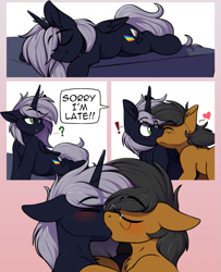 Size: 875x1080 | Tagged: safe, artist:notetaker, imported from derpibooru, oc, oc:notetaker, oc:quantum flash, alicorn, earth pony, pony, blushing, comic, glasses, kiss on the lips, kissing, short comic, simple background, sleeping