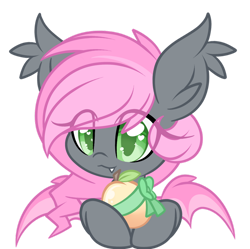 Size: 1024x1021 | Tagged: safe, artist:starlightlore, imported from derpibooru, oc, oc only, oc:heartbeat, bat pony, pony, cute, female, filly, foal, food, herbivore, mango, ribbon, simple background, solo, transparent background
