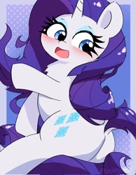 Size: 1590x2048 | Tagged: safe, artist:leo19969525, imported from derpibooru, rarity, pony, unicorn, blushing, butt, cute, dock, ears, ears up, female, hair, horn, mane, mare, open mouth, plot, purple hair, purple tail, raribetes, solo, tail