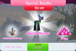 Size: 1271x858 | Tagged: safe, imported from derpibooru, rolling thunder, pegasus, pony, bundle, clothes, costs real money, english, female, folded wings, gameloft, gem, mare, mobile game, my little pony: magic princess, numbers, official, sale, scar, solo, solo focus, staff, text, the washouts, uniform, washouts uniform, wings