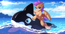 Size: 2096x1105 | Tagged: safe, artist:airiniblock, imported from derpibooru, oc, oc only, oc:bulwark, orca, pegasus, pony, cloud, countershading, inflatable whale, male, ocean, pegasus oc, pool toy, rcf community, sky, stallion, sun, water, wings