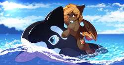 Size: 2096x1105 | Tagged: safe, artist:airiniblock, imported from derpibooru, oc, oc only, oc:longshot, orca, pegasus, pony, cloud, countershading, inflatable whale, male, ocean, pegasus oc, pool toy, rcf community, sky, stallion, sun, water, wings