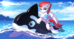 Size: 2096x1105 | Tagged: safe, artist:airiniblock, imported from derpibooru, oc, oc only, oc:swift apex, orca, pegasus, pony, countershading, inflatable whale, male, ocean, pegasus oc, pool toy, rcf community, sky, stallion, sun, water, wings