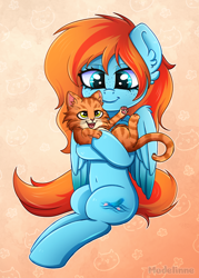 Size: 2000x2795 | Tagged: safe, artist:madelinne, imported from derpibooru, oc, oc only, oc:sea feather, cat, pegasus, pony, belly, belly button, carrying, freckles, partially open wings, solo, wings