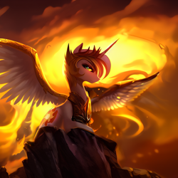 Size: 1536x1536 | Tagged: safe, editor:mr-bat, imported from derpibooru, daybreaker, alicorn, pony, ai content, ai generated, armor, breastplate, cliff, crown, depth of field, fire, generator:stable diffusion, horn, jewelry, looking at you, lying down, regalia, rock, spread wings, wings