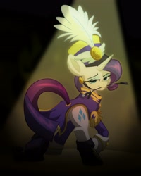 Size: 3162x3957 | Tagged: safe, artist:geraritydevillefort, imported from derpibooru, rarity, pony, unicorn, ancient wonderbolts uniform, bedroom eyes, butt, clothes, female, hat, looking at you, mouth hold, plot, rearity, sgt. rarity, solo, uniform, whip