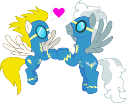 Size: 3694x3000 | Tagged: safe, artist:cloudy glow, edit, imported from derpibooru, silver lining, silver zoom, surprise, pony, clothes, crack shipping, duo, female, heart, male, shipping, silversurprise, simple background, speech bubble, straight, touching hooves, transparent background, uniform, vector, wonderbolts uniform