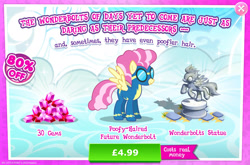 Size: 1959x1295 | Tagged: safe, imported from derpibooru, candy cloud, swift vanilla, pegasus, pony, advertisement, aviator goggles, clothes, costs real money, english, female, gameloft, gem, goggles, mare, mobile game, my little pony: magic princess, numbers, office, official, sale, solo, solo focus, spread wings, statue, text, uniform, wings, wonderbolts, wonderbolts uniform