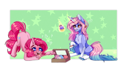 Size: 4032x2196 | Tagged: safe, artist:honeybbear, imported from derpibooru, pinkie pie, oc, earth pony, pony, unicorn, cupcake, female, food, glowing, glowing horn, horn, magic, magic aura, mare, telekinesis, unicorn oc, unshorn fetlocks