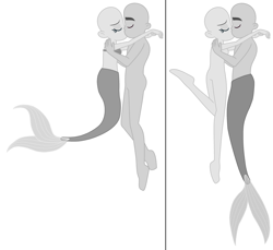 Size: 3376x3088 | Tagged: safe, artist:danielarkansanengine, artist:yaya54320bases, imported from derpibooru, human, mermaid, merman, equestria girls, bald, base, bra, clothes, eyes closed, fins, fish tail, hug, kissing, male, mermaid tail, mermaidized, mermanized, seashell bra, simple background, species swap, strapless, tail, white background