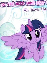 Size: 725x975 | Tagged: safe, imported from derpibooru, twilight sparkle, alicorn, pony, cropped, english, female, flying, gameloft, horn, looking at you, mare, meme, mobile game, my little pony: magic princess, solo, spread wings, text, twilight sparkle (alicorn), wings, wow! glimmer